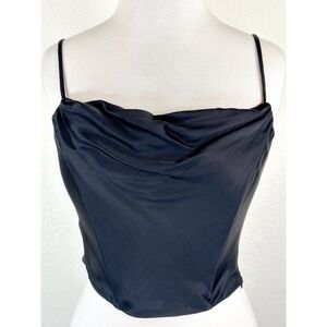 ASTR The Label Satin Cowl Neck Crop Top Black Smocked Back Cami S